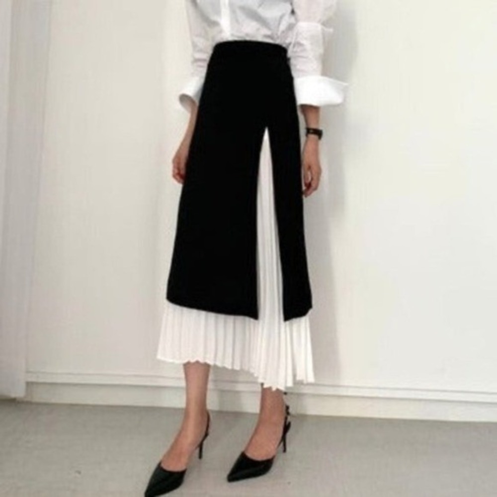 Commense Pleated Midi Skirt Black White Color Block Layered Skirt size XS - Picture 5 of 15